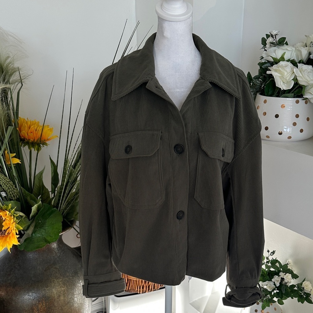 Avec Les Filles Dark Green Corduroy Utility Jacket - Picture 2 of 9